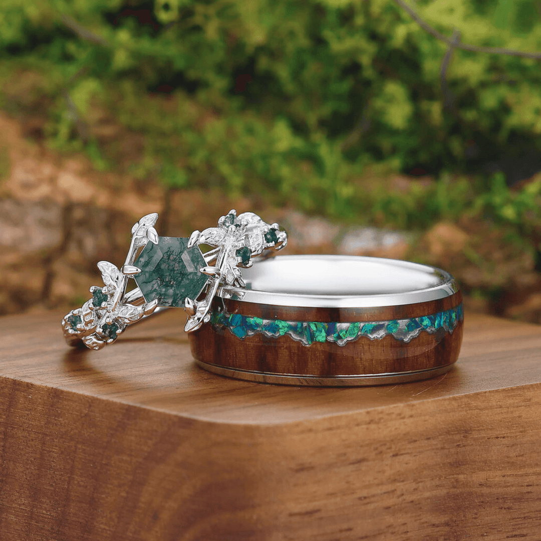 0.85CT Moss Agate Couples Ring Set 925 Sterling Silver And Blue Tungsten Matching Ring - Esdomera