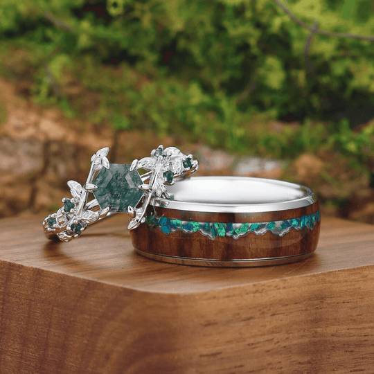 0.85CT Moss Agate Couples Ring Set 925 Sterling Silver And Blue Tungsten Matching Ring - Esdomera