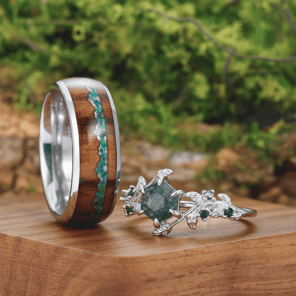 0.85CT Moss Agate Couples Ring Set 925 Sterling Silver And Blue Tungsten Matching Ring - Esdomera