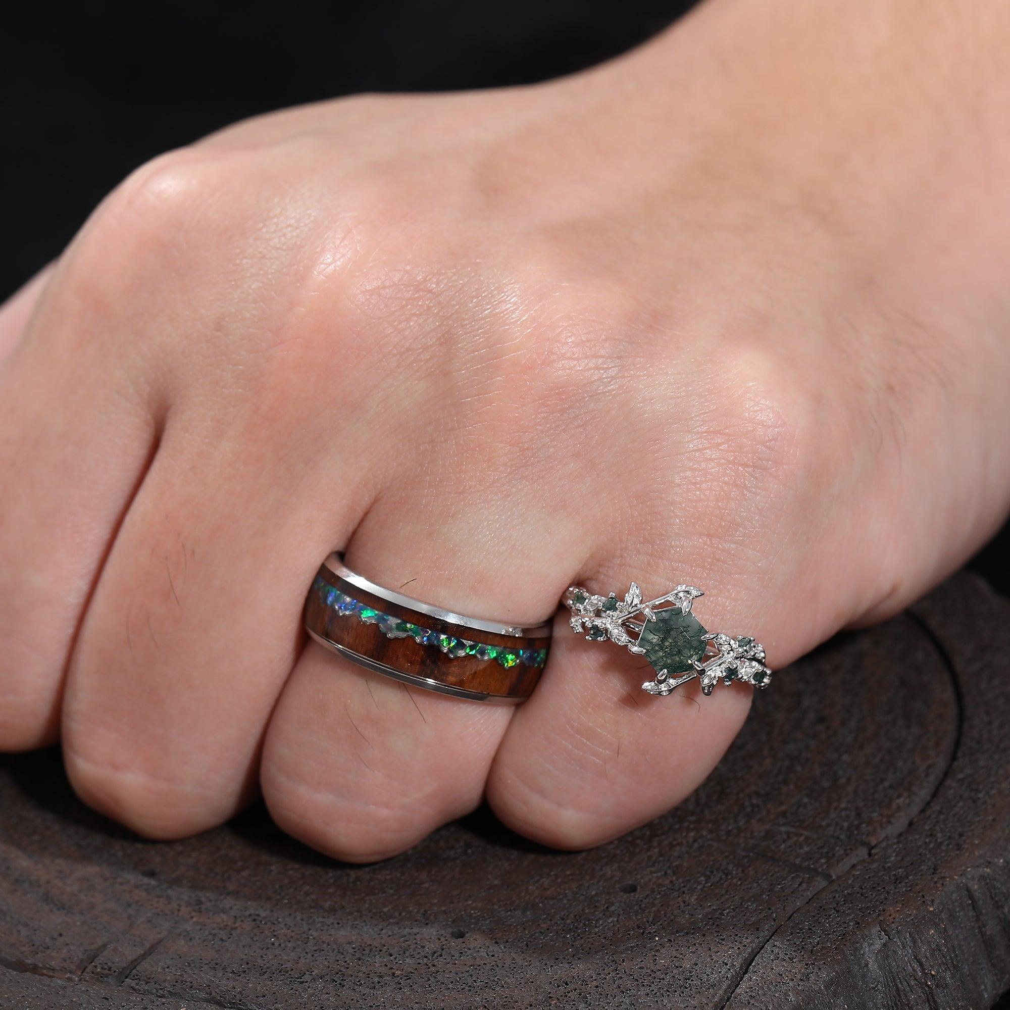 0.85CT Moss Agate Couples Ring Set 925 Sterling Silver And Blue