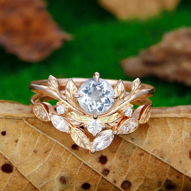 0.8CT Round Cut Aqumarine 14k rose gold Leaf Vine and Twig engagement ring set - Esdomera