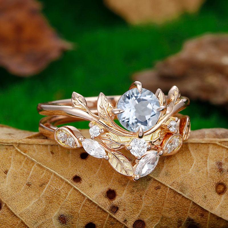 0.8CT Round Cut Aqumarine 14k rose gold Leaf Vine and Twig engagement ring set - Esdomera