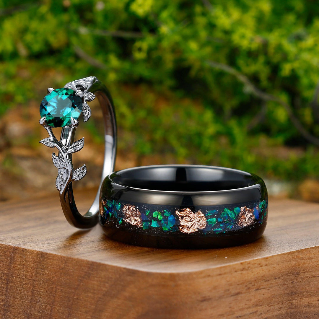 0.8CT Round Cut Emerald Engagement Couples Ring Set 925 Sterling Silver And Peacock Opal Tungsten Matching Ring - Esdomera