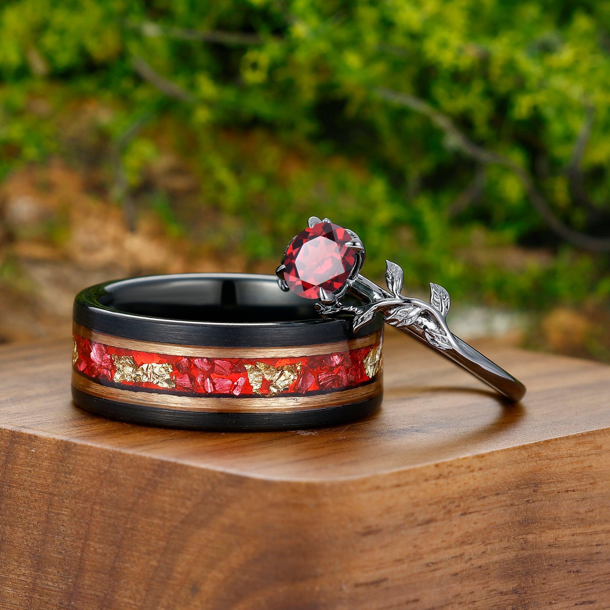 0.8CT Round Cut Natural Red Garnet Leaf Engagement Couples Ring