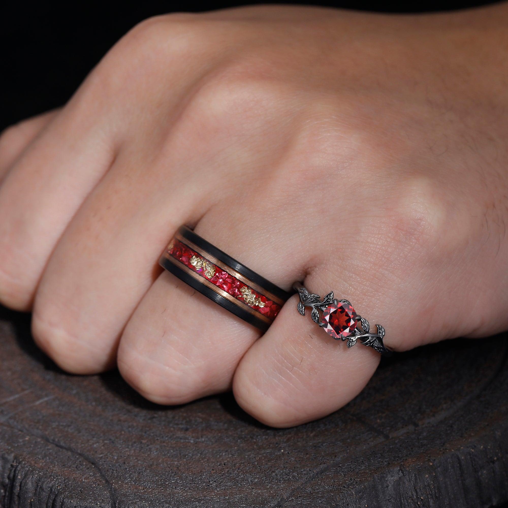 0.8CT Round Cut Natural Red Garnet Leaf Engagement Couples Ring