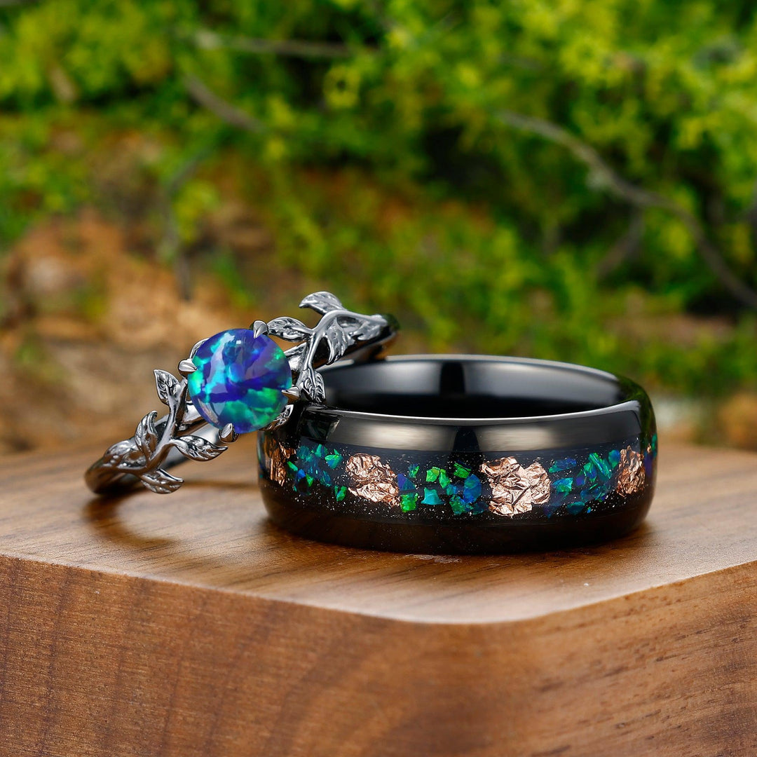 Round Cut Peacock Green Opal Engagement Couples Ring Set 925