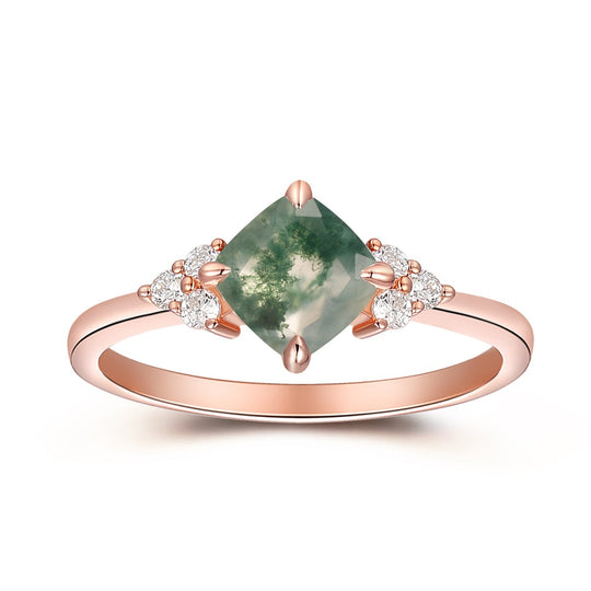 Cushion Green Moss Agate Engagement Ring, Rose Gold Art Deco Bridal Wedding Ring Women