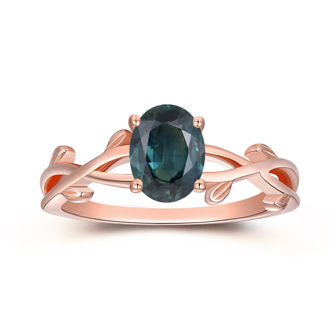 Oval Cut 1.5CT Natural Teal Sapphire Engagement Ring, Leaf Art Deco Blue Green Gemstone Ring, Solitaire Ring