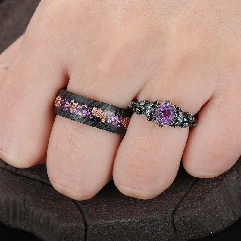 Purple Amethyst Engagement Branches Couples Rings Damascus Steel Wedding Bands For Men For Women