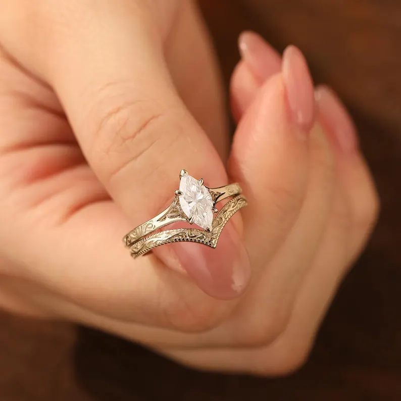 Antique Solitaire 1CT Marquise Moissanite Engagement Ring Set 14K Solid Gold Engraved Ring Set -  Esdomera.com