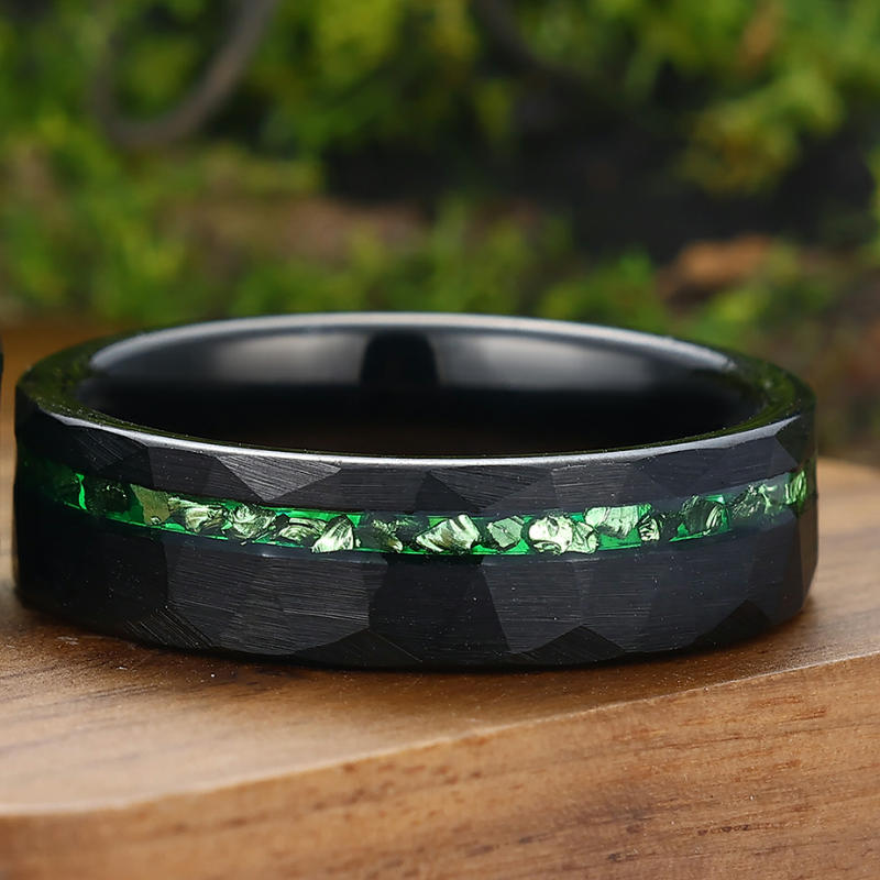 Crushed Green Emerald Tungsten Wedding Band 6mm 8mm Hammered Couple Ring Set