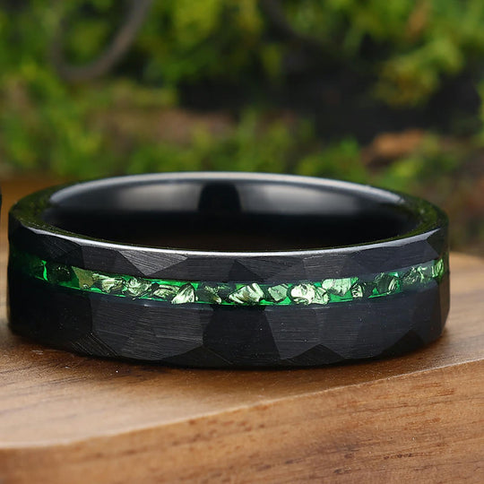 Crushed Green Emerald Tungsten Wedding Band 6mm 8mm Hammered Couple Ring Set