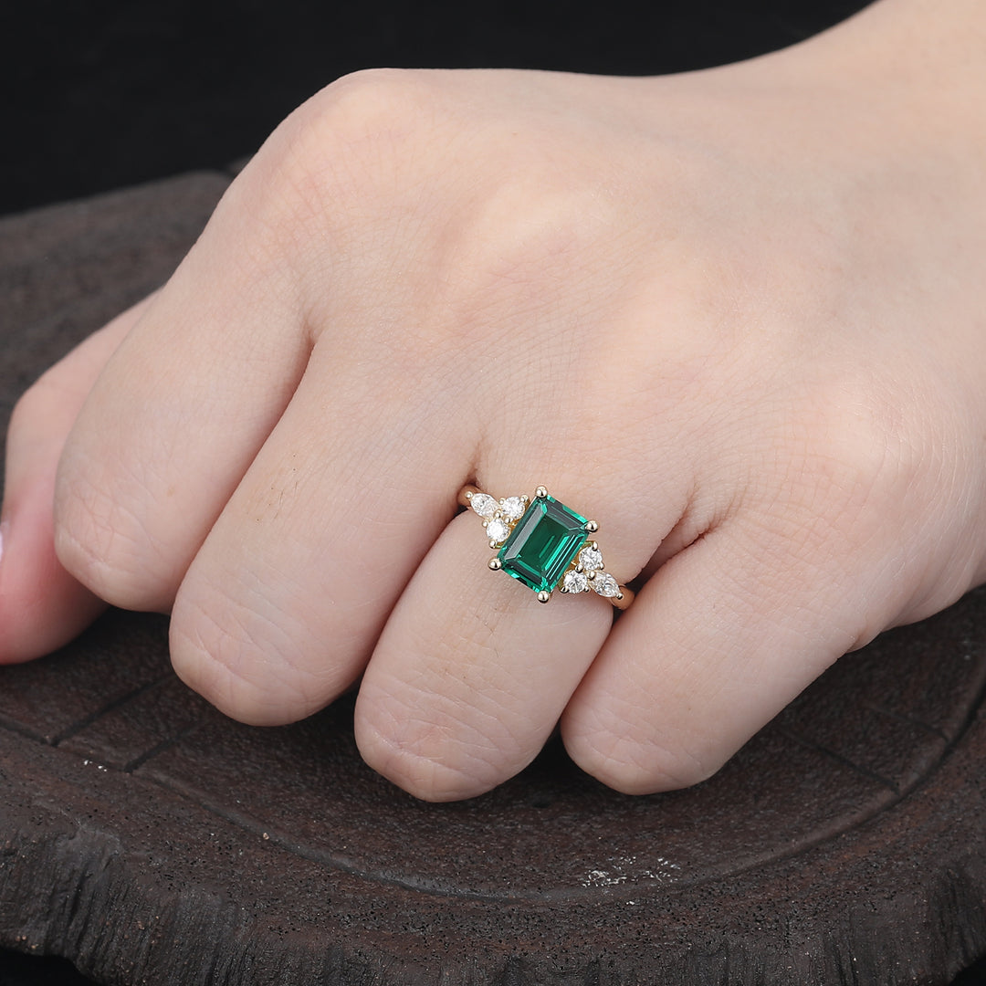 Vintage Emerald Cut Green Emerald  14k Rose Gold Antique  Moissanite Bridal Wedding Ring