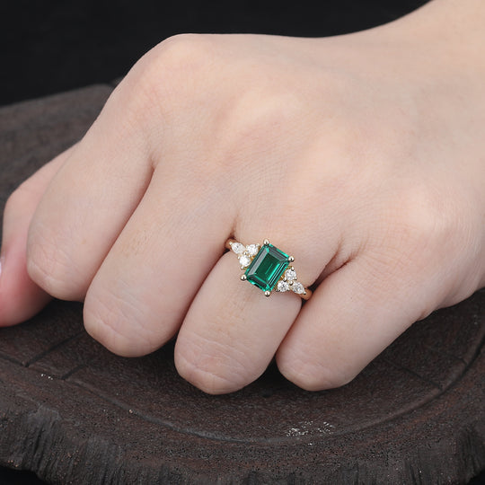 Vintage Emerald Cut Green Emerald  14k Rose Gold Antique  Moissanite Bridal Wedding Ring