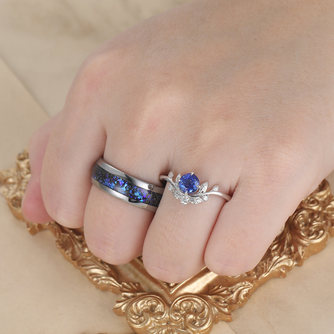 Brilliant Galaxy Sandstone Leaf Shape Couples Ring Set Blue Shining Tungsten Matching Ring -  Esdomera.com