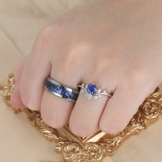 Brilliant Galaxy Sandstone Leaf Shape Couples Ring Set Blue Shining Tungsten Matching Ring -  Esdomera.com