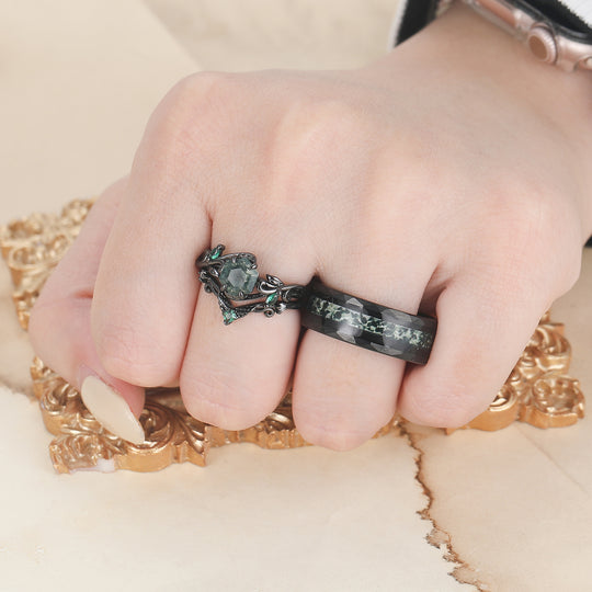 Vine Leaf Style Moss Agate Couple Ring Set S925 And Tungsten Green His And Hers Rings -  Esdomera.com