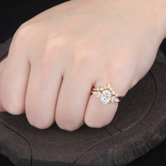oval shaped 1.5CT moissanite wedding ring set rose gold curved wedding band antique bridal set -  Esdomera.com