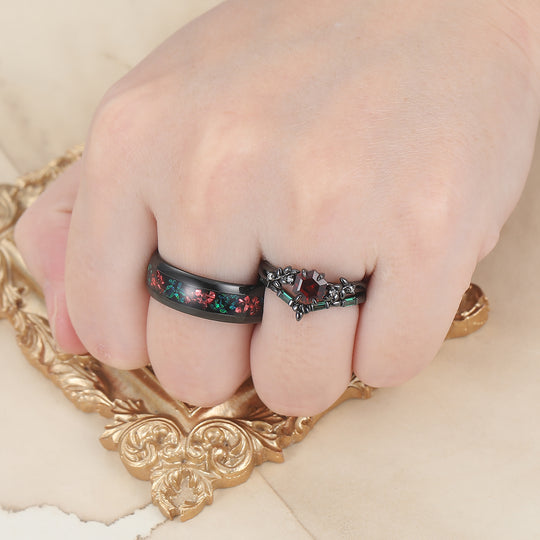 Natural Red Garnet Wheat Ear Design Couple Ring Set Black Plated Matching Ring For Men And Women -  Esdomera.com