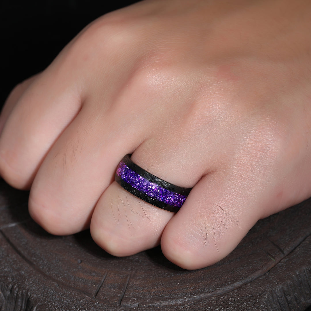 Natural Amethyst Damascus Steel Men' s Ring Hammered Black Unisex Wedding Band