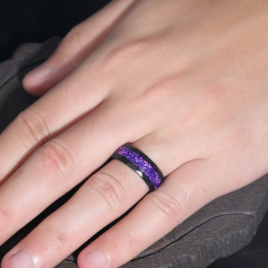 Natural Amethyst Damascus Steel Men' s Ring Hammered Black Unisex Wedding Band