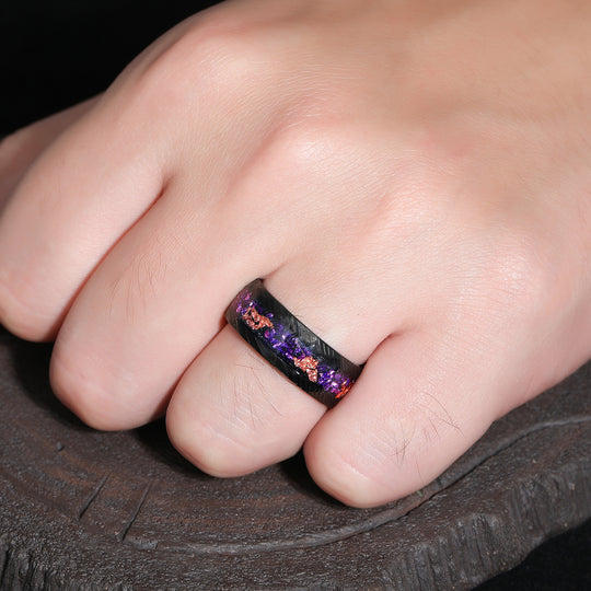 Hammered Damascus Steel - Crushed Gold Foil and Amethyst Inlay Men’s Promise Ring For Birthday Gift