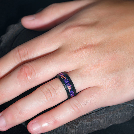 Hammered Damascus Steel - Crushed Gold Foil and Amethyst Inlay Men’s Promise Ring For Birthday Gift