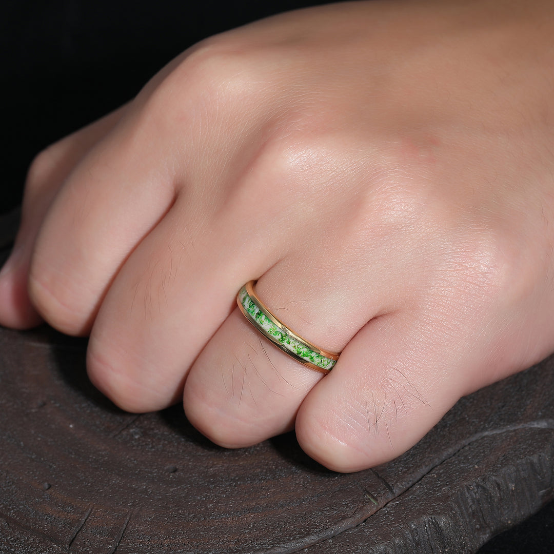 Groene mos agaat trouwring geel goud gehamerd wolfraam ring 4 mm man ring Comfort fit koepel Poolse verjaardag verjaardagscadeau voor hem