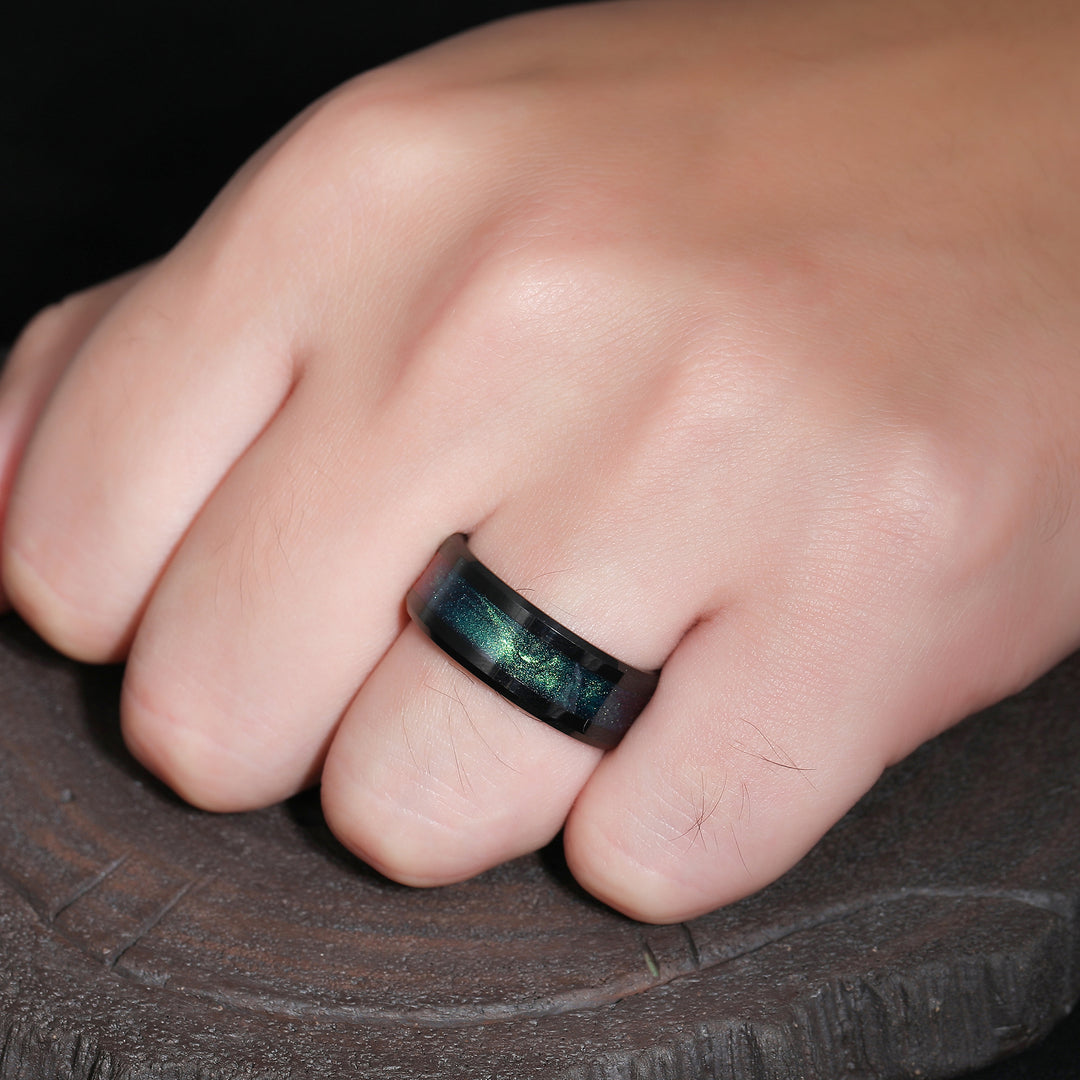 Blue Green Glitter Universe Galaxy Quicksand Black Men's Tungsten Ring Anniversary Gift