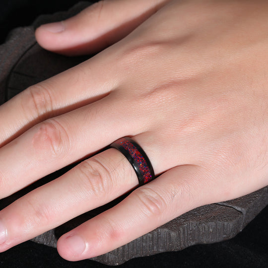 8mm Red Opal Wedding Band Black Tungsten Promise Ring Polished Dome Ring Unisex Ring Gift