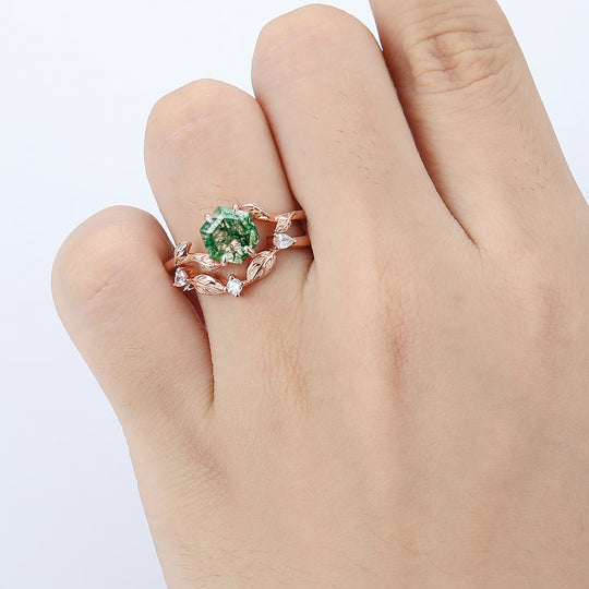 1.35 CT 14k  Rose Gold Art Deco  Hexagon Cut Natural Moss Agate Engagement Ring Set