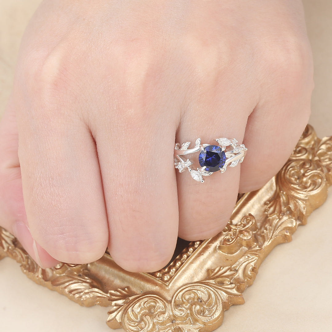 14k Rose Gold Sapphire round cut nature inspired Leaf Vine Bypass ring