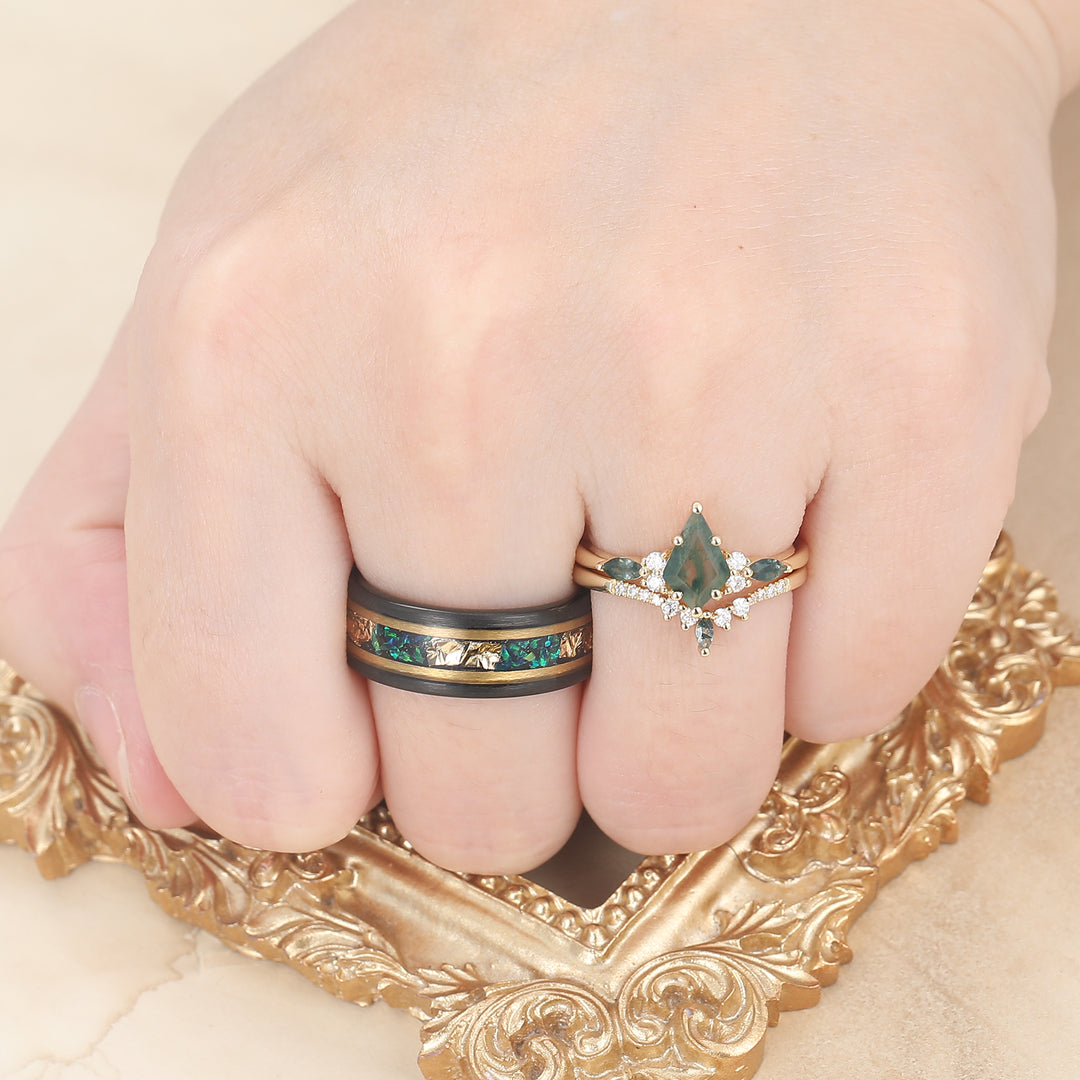 Kite Green Moss Agate His and Hers Wedding Band Unique Tungsten Couples Ring Set