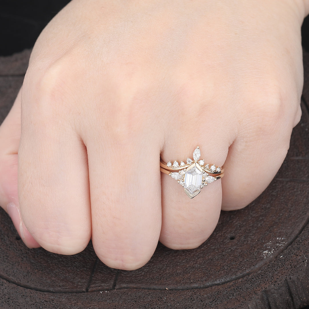 Klassieke 1.1CT lange hexagonale slijping moissaniet ringset Luxe moissaniet ringset