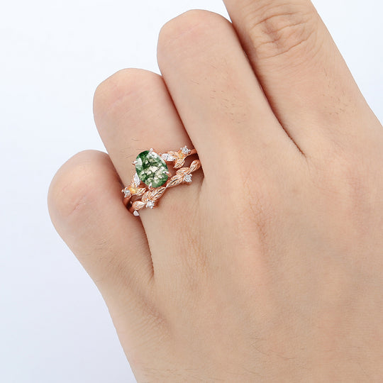 1.5 CT Oval Cut 18k Rose Gold Art Deco Leaf Stackable  Natural Moss Agate Engagement Ring Set