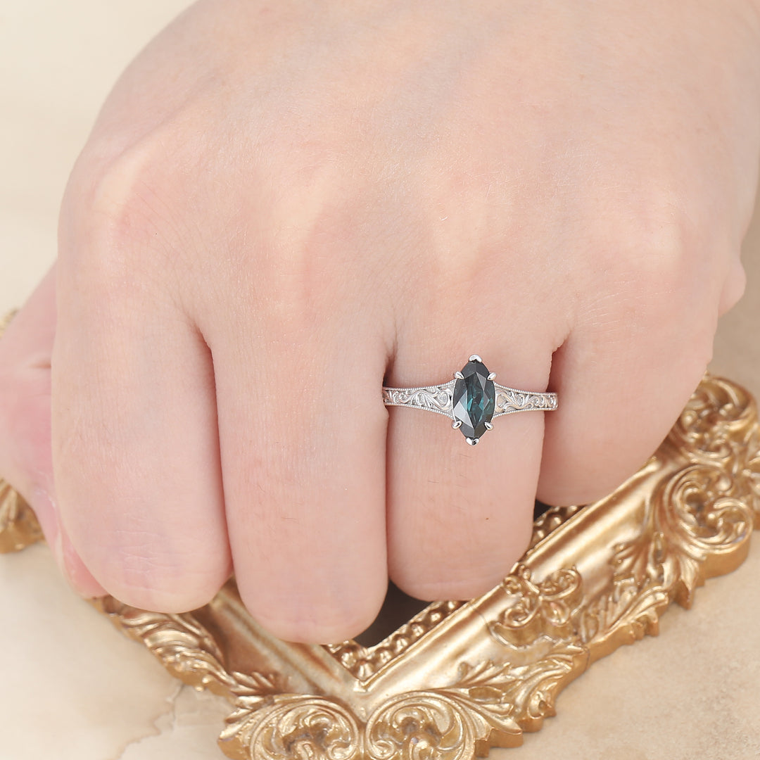 Anillo de compromiso antiguo estilo solitario con zafiro verdeazulado (teal), filigrana, talla marquesa, zafiro azul verdoso, anillo de boda