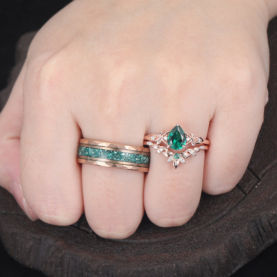 Bladgeïnspireerde peervormige smaragd bijpassende ringenset exquise smaragd zilver en wolfraam stelringen