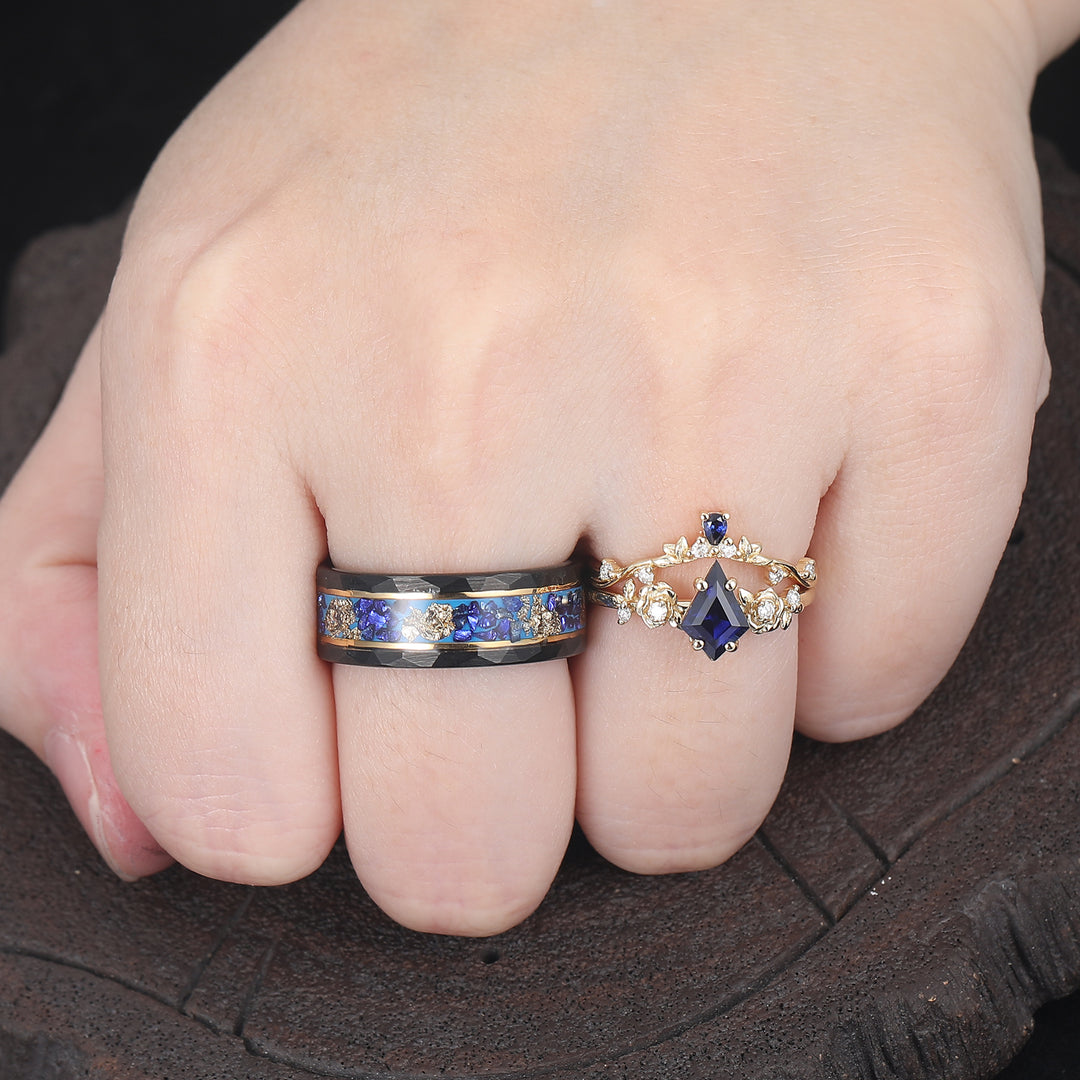 Kite Cut Blue Sapphire Ring Set His And Hers Wedding Bands Tungsten Matching Rings for Couples