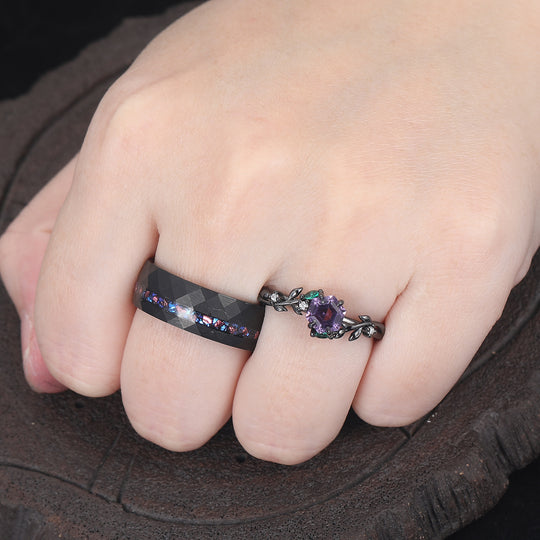 Band met tarwepatroon natuurlijke amethist verlovingsringen voor stellen 925 sterling zilver en zwarte wolfraam bijpassende ringen