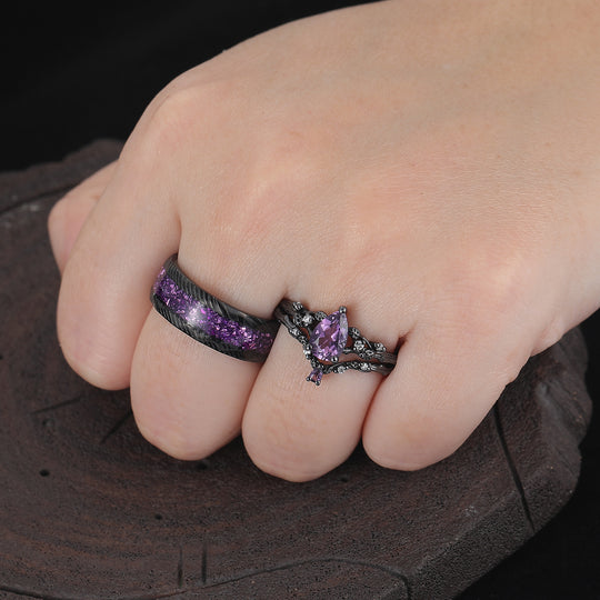 Personalized Pear Cut Purple Amethyst Matching Ring Set Twig Leaf Shape Amethyst Couples Ring