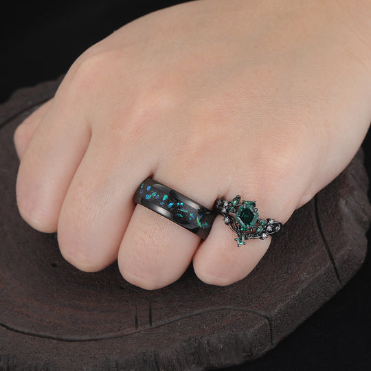 Hexagon Cut Emerald Couples Ring Set Leaf Branch Relief Band 3pcs Matching Ring Set