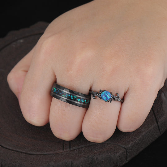 Leaf Design Peacock Green Opal Engagement Couples Ring Set Sterling Silver And Tungsten Matching Ring -  Esdomera.com
