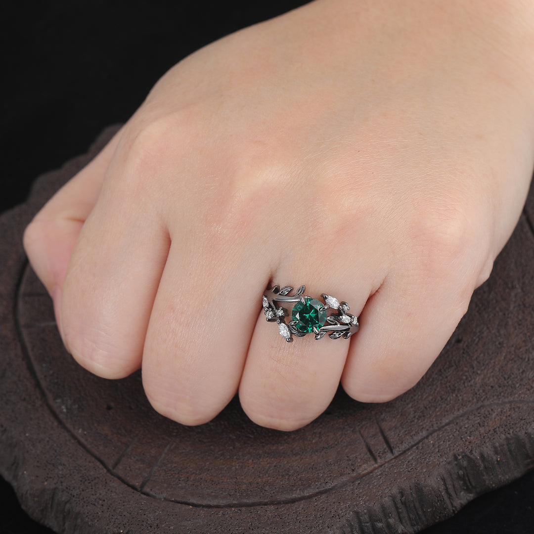 Bague de mariage émeraude avec feuilles en vigne Art déco ronde d'inspiration naturelle
