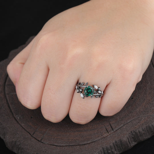 Bague de mariage émeraude avec feuilles en vigne Art déco ronde d'inspiration naturelle