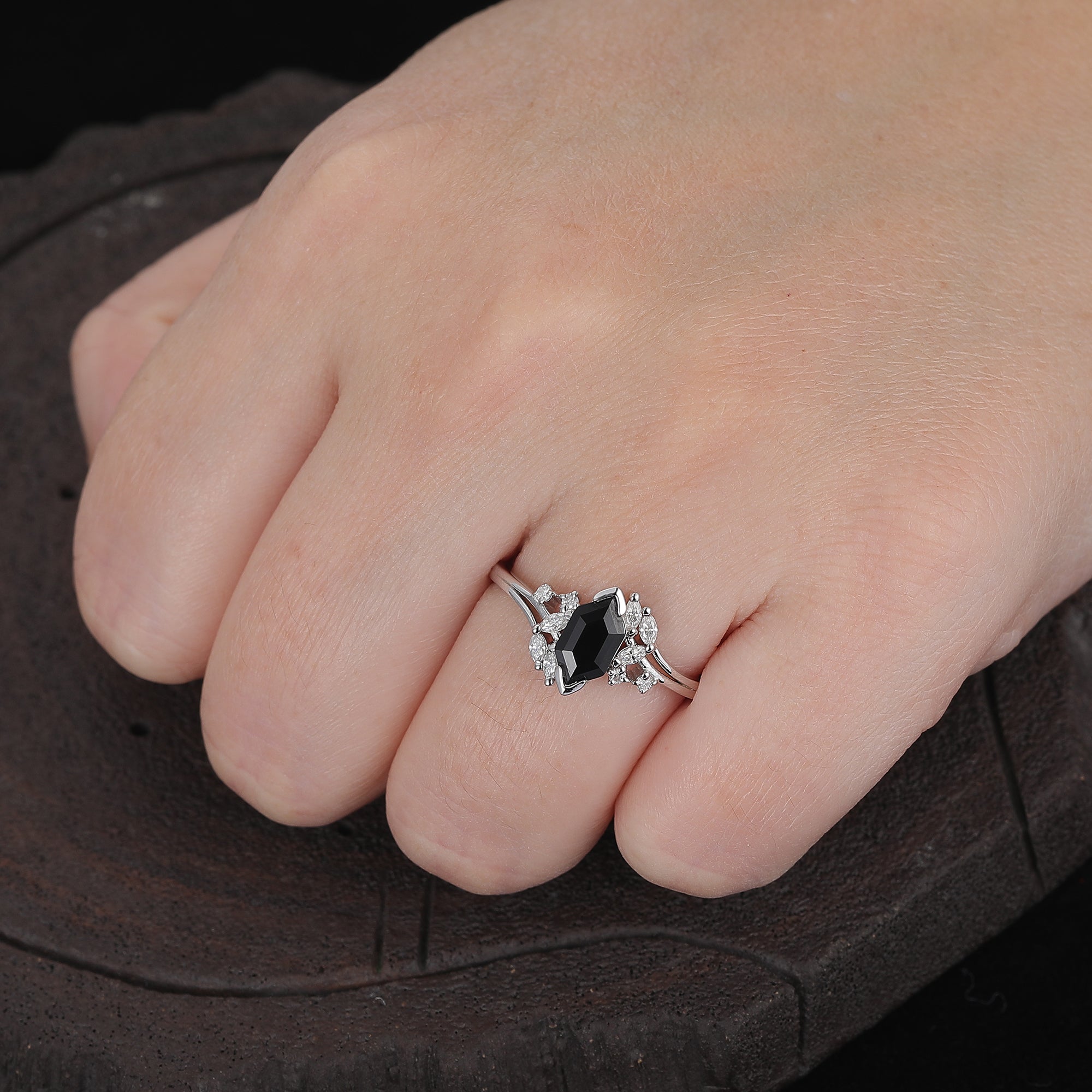 Split Shank 1.1 CT Hexagon Cut Black Onyx Gold Marquise Diamond