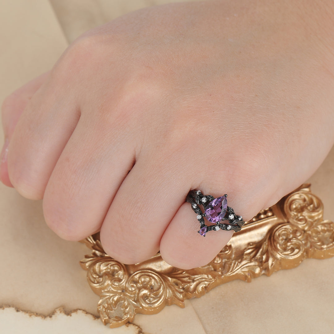 Unique Branch Leaf Engraved Natural Amethyst Engagement Ring Balck Plated Bridal Ring