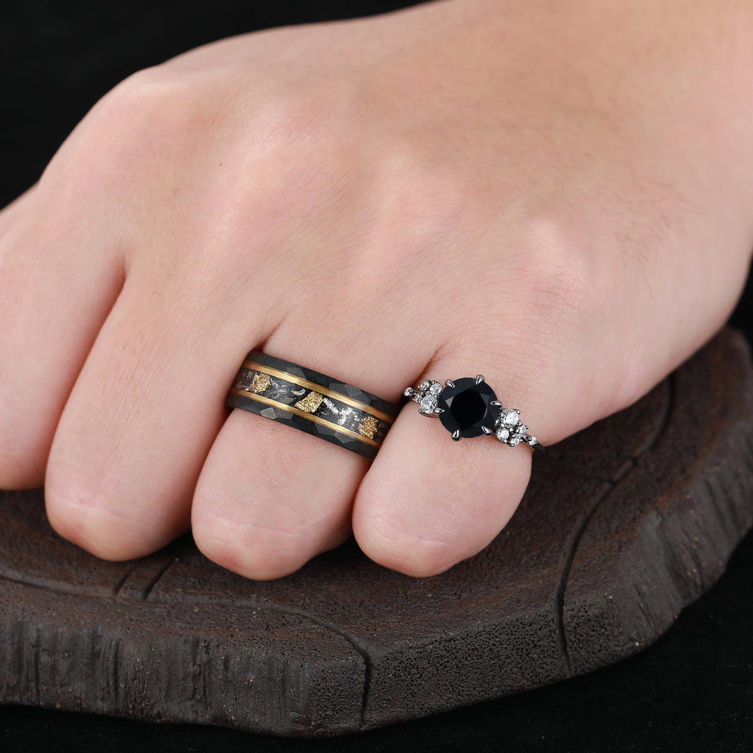 0.5CT Round Cut Natural Black Onyx Engagement Moissanite Inlaid His and Hers Wedding Ring