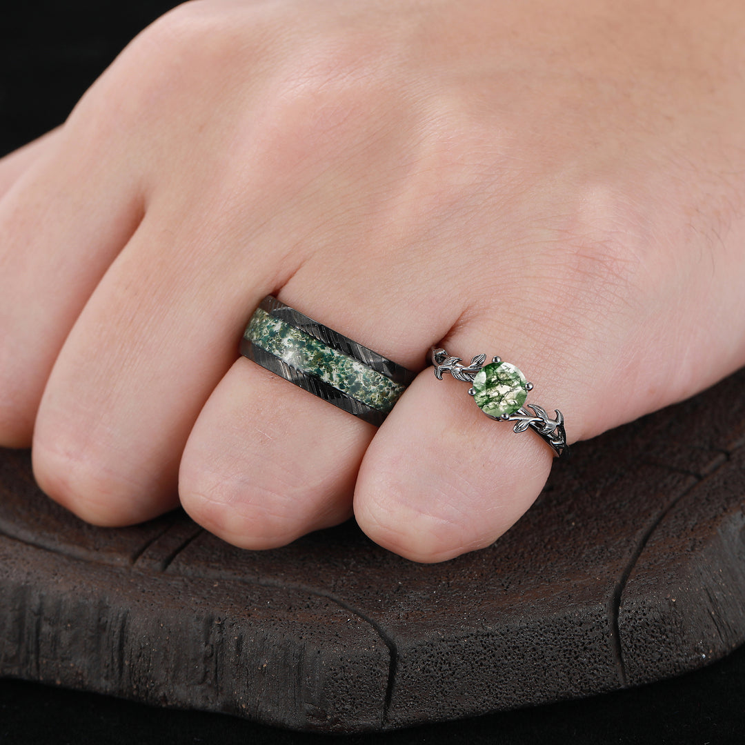 Solitaire 0.8CT Round Cut Moss Agate Couples Ring Set Silver And Damascus Steel Matching Ring