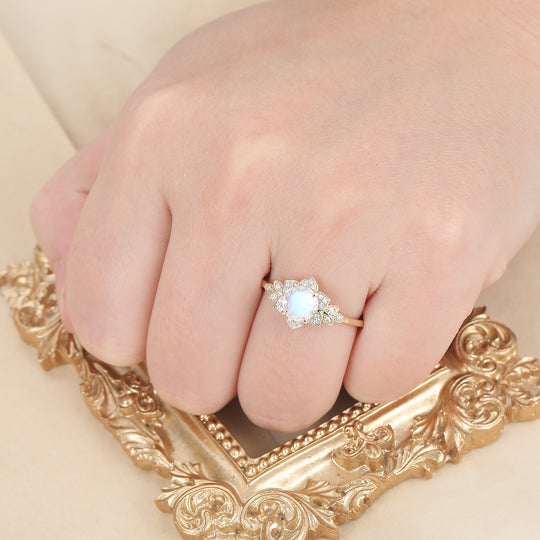 1.25CT Round Cut Moonstone Engagement Ring Cluster Moissanite Ring