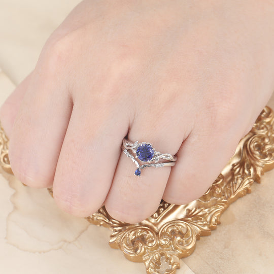 Vintage Nature-Inspired Blue Sapphire Leaf Wedding Set Handmade Promise Anniversary Bridal Ring